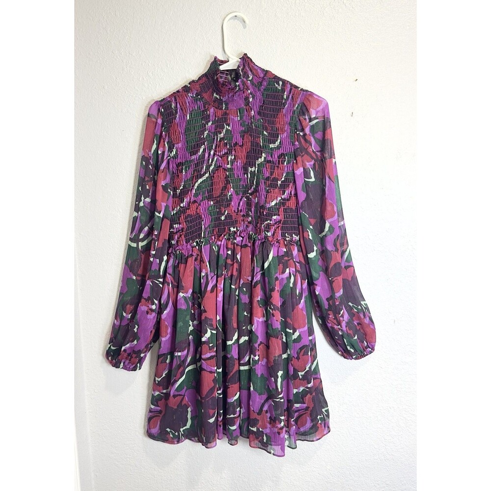 MISA Los Angeles Jessa Dress S Pink Purple Floral Lurex Smocked Mini Mock Neck - Picture 2 of 10